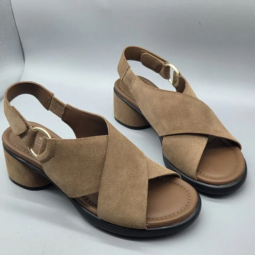 Ecco cross strap slingback sandals Tan Suede Shaped Heel Women EU 39 US 8.5 New